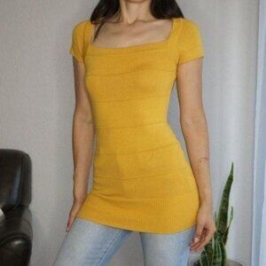 Windsor Yellow Square Neck Knit Top Short Sleeve Long Top Size S